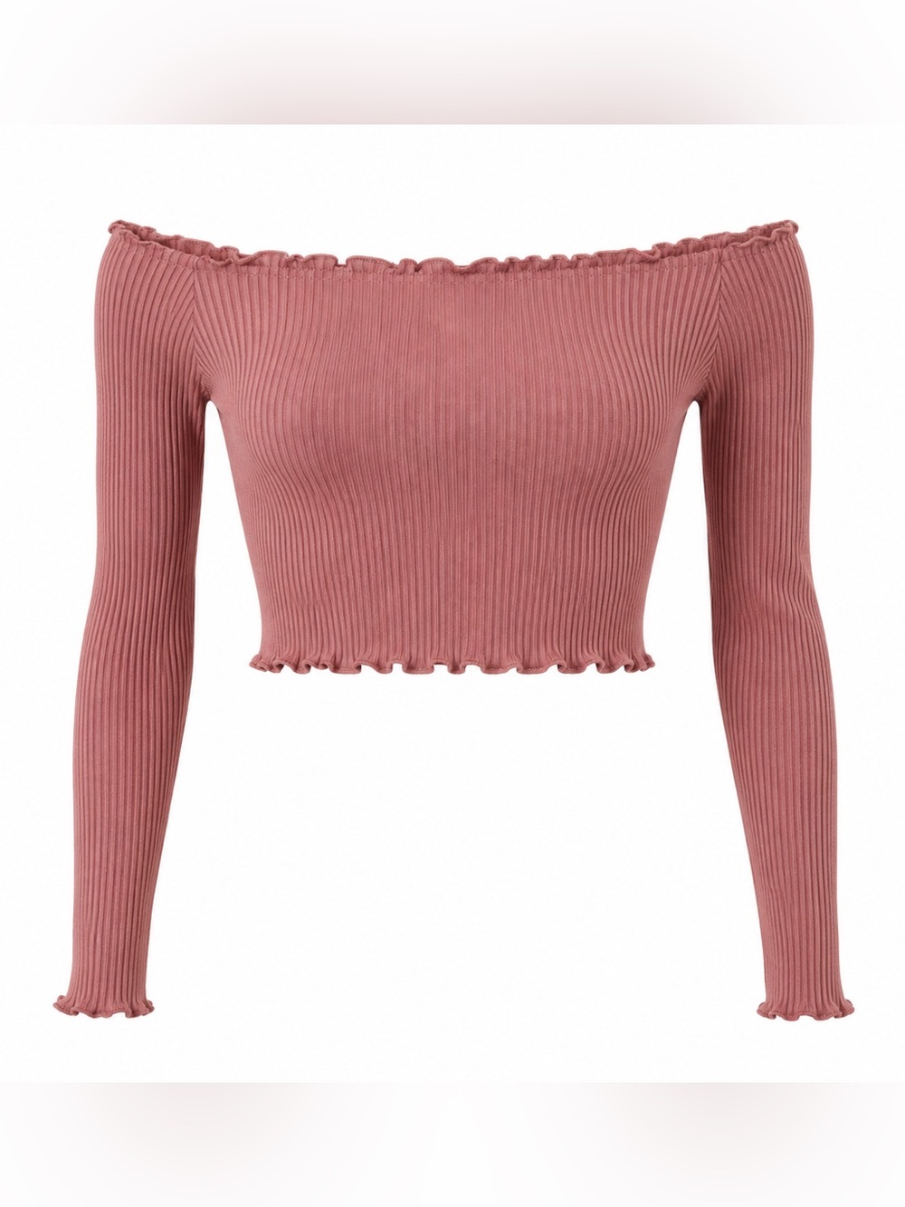 BARDOT NECKLINE PINK RUFFLE TRIM LONG SLEEVE CROP TOP